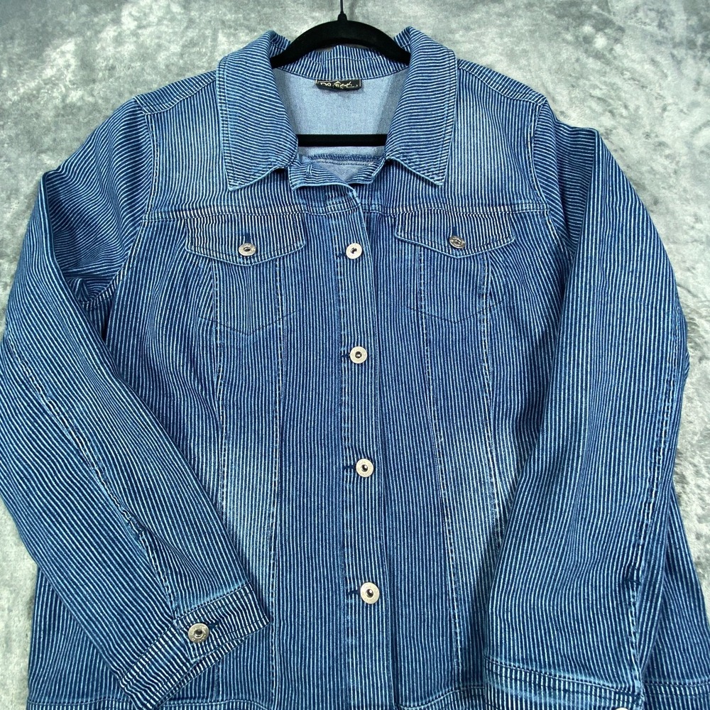 Vintage DG2 Diane Gilman Denim Jacket Womens XL Blue Stripe Faded Button Up Y2K